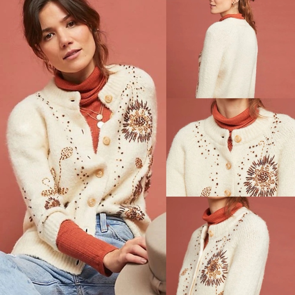Anthropologie Field Flower Tuileries Cardigan Sweater Embellished Size Medium